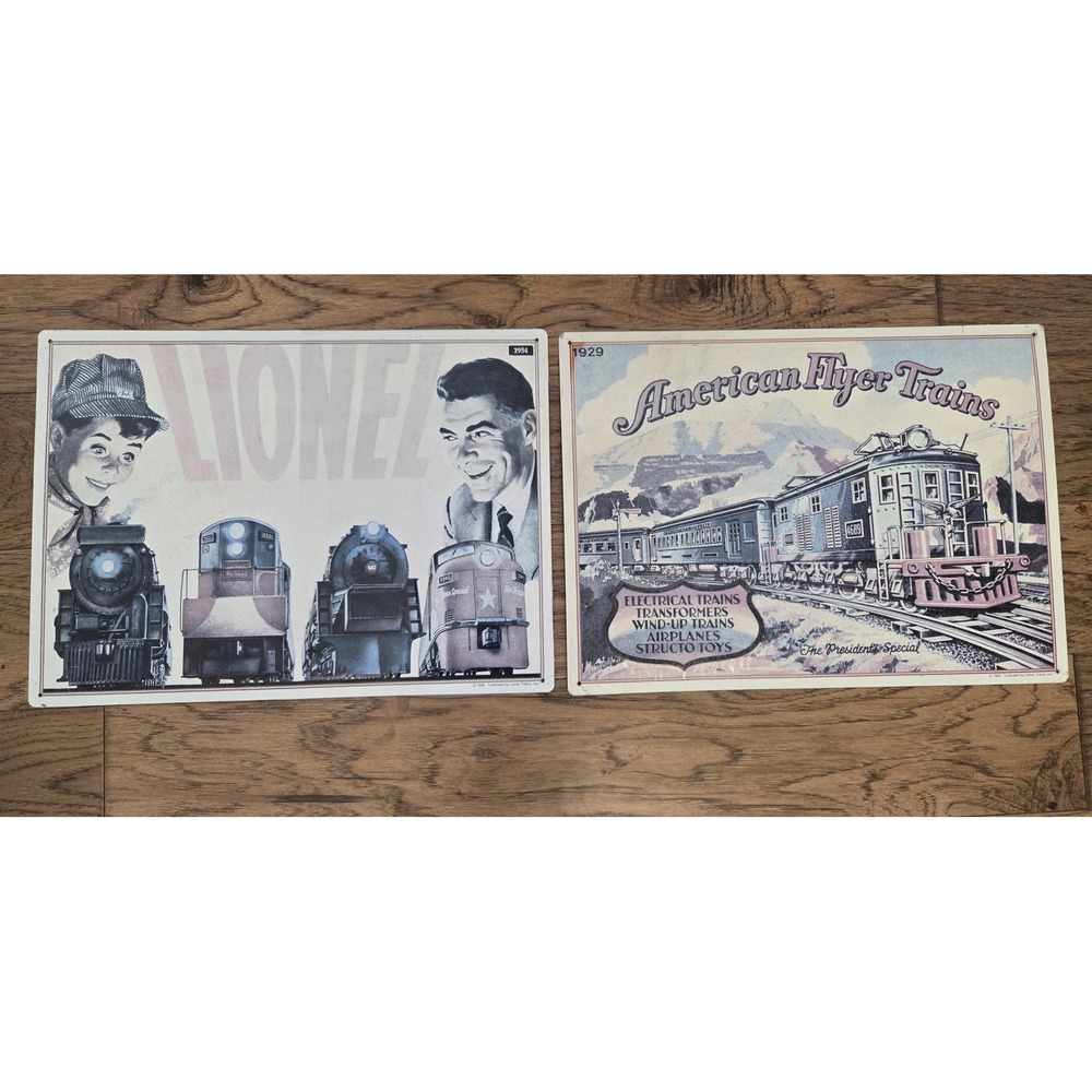 Set Of 2 Vintage Metal Model Train Railroad Signs Lionel & American Flyer 1993